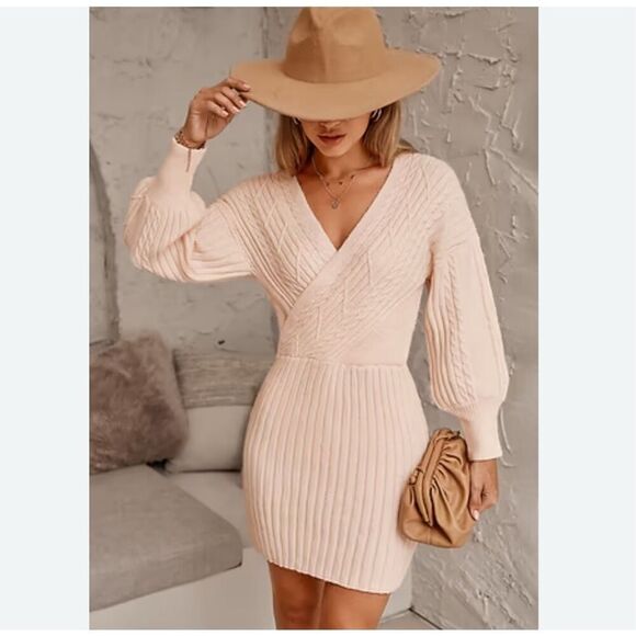 NWT CUPSHE Lt Blush Pink Cable Knit Sweater Mini Dress Women’s Medium - Picture 2 of 10